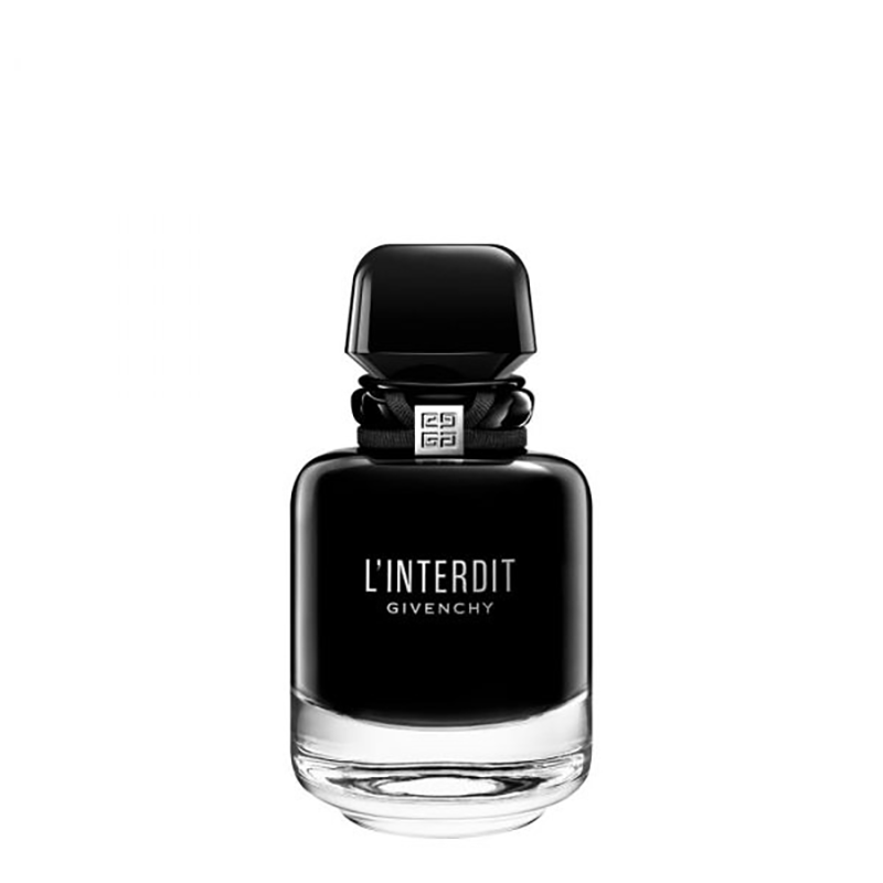 Black Givenchy perfume bottle labeled 'L'Interdit' on a white background