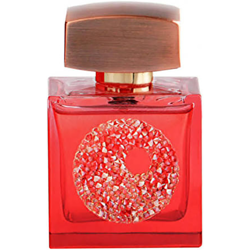 Red perfume bottle with decorative cap on a white background