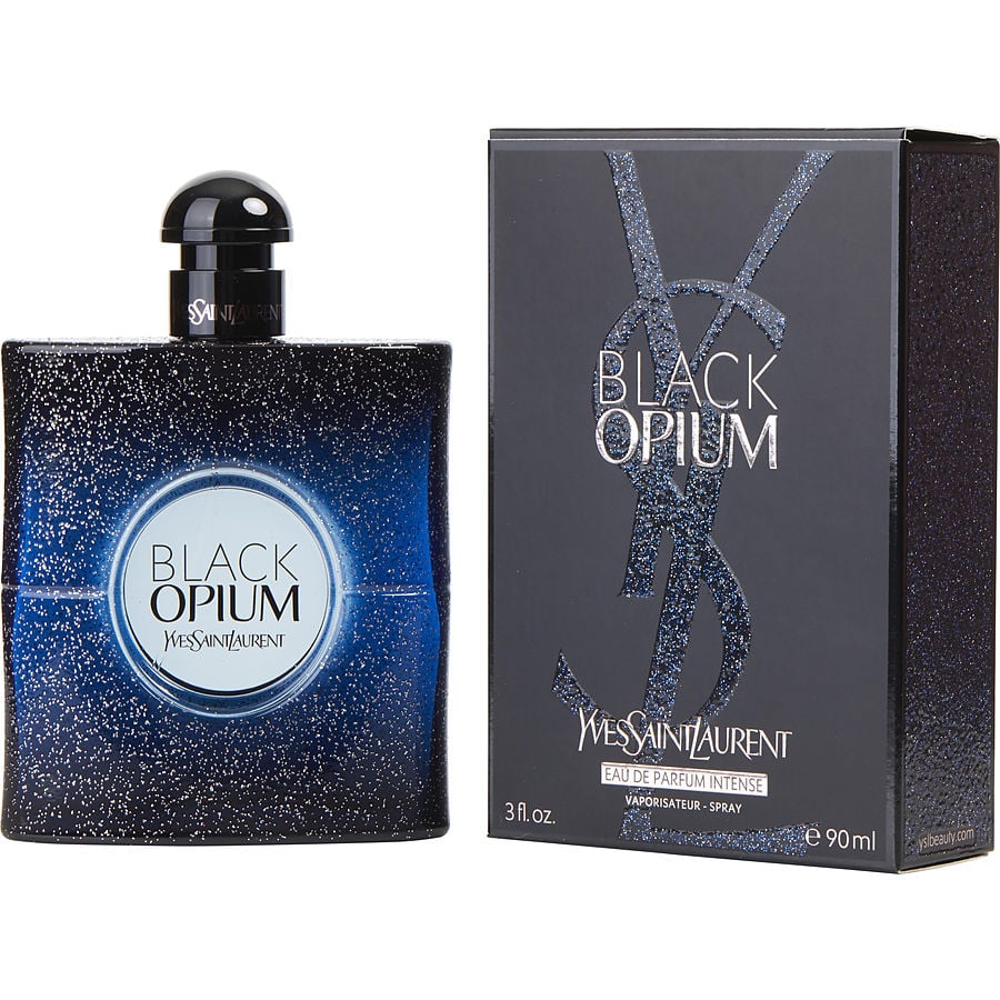 Yves Saint Laurent Black Opium Eau de Parfum Intense 90ml dark blue glitter bottle on white background