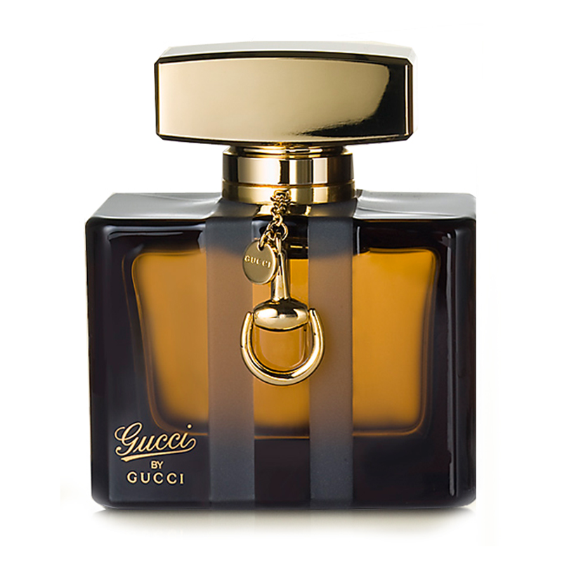 Gucci perfume bottle with gold cap and decorative chain on a white background