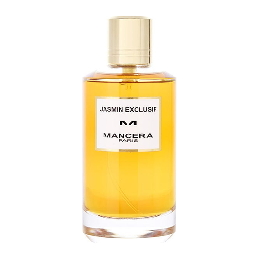 Mancera Jasmin Exclusif perfume bottle with golden-yellow liquid, a white label, and a gold cap on a white background.