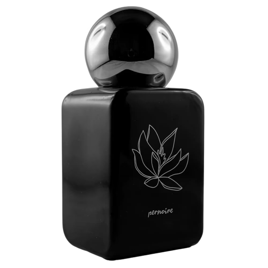 Black perfume bottle with silver cap on a white background