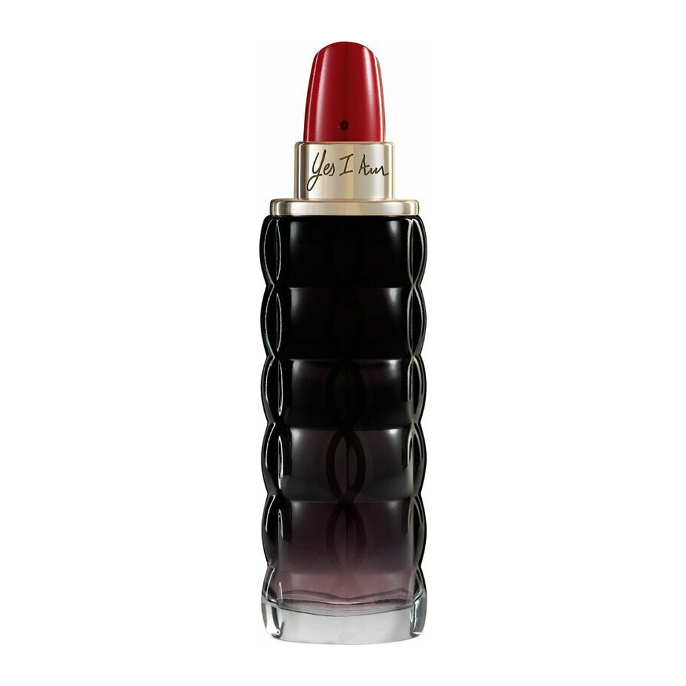 A lipstick-shaped perfume bottle with a textured black body, a metallic gold collar, and a bright red lipstick bullet. The brand name 'Yes I Can' is written in cursive on the gold collar.