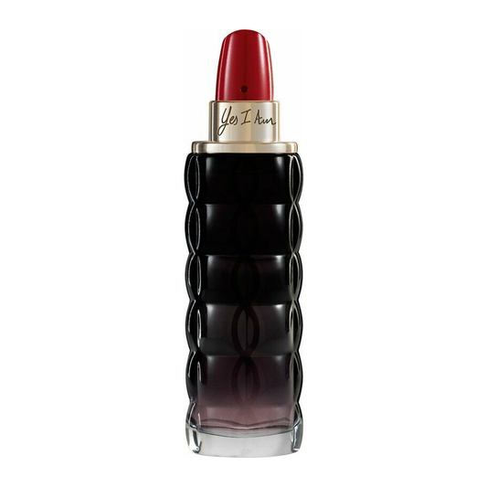 A lipstick-shaped perfume bottle with a textured black body, a metallic gold collar, and a bright red lipstick bullet. The brand name 'Yes I Can' is written in cursive on the gold collar.
